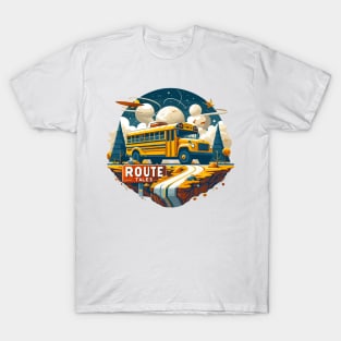 School Bus On An Adventurous Road Trip, Route Tales T-Shirt